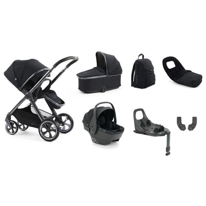 Black oyster 4 carbonite luxury travel system stroller with sleek metallic frame and matching accessories front view