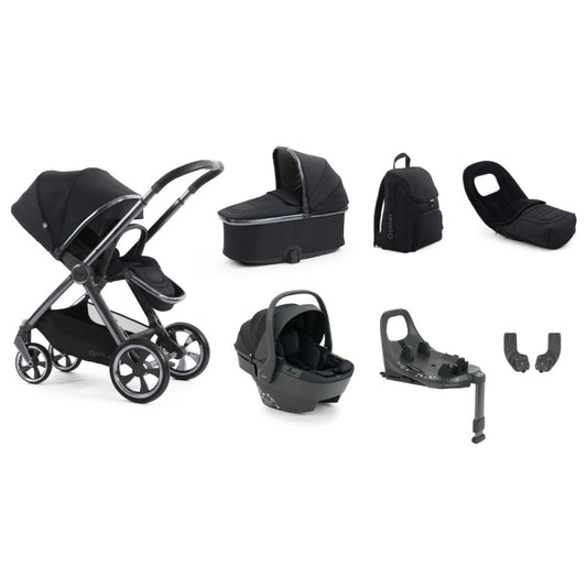 Black oyster 4 carbonite luxury travel system stroller with sleek metallic frame and matching accessories front view