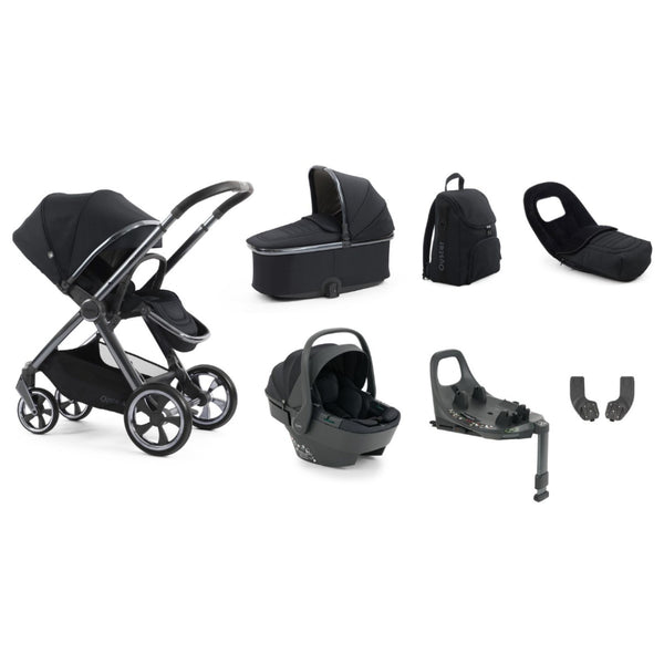 Black oyster 4 carbonite luxury travel system stroller with sleek metallic frame and matching accessories front view