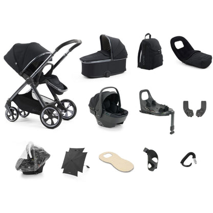 Black Oyster 4 Carbonite stroller with sleek metallic frame and matching fabric canopy for ultimate travel system