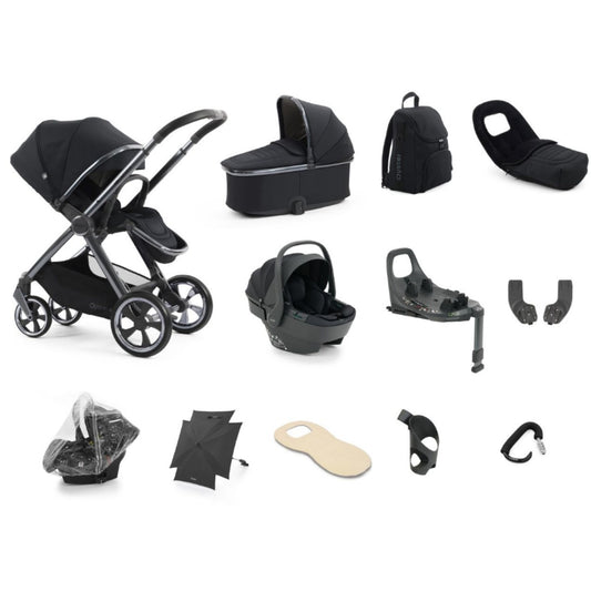 Black Oyster 4 Carbonite stroller with sleek metallic frame and matching fabric canopy for ultimate travel system