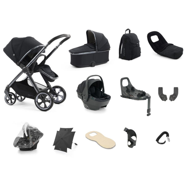 Black Oyster 4 Carbonite stroller with sleek metallic frame and matching fabric canopy for ultimate travel system