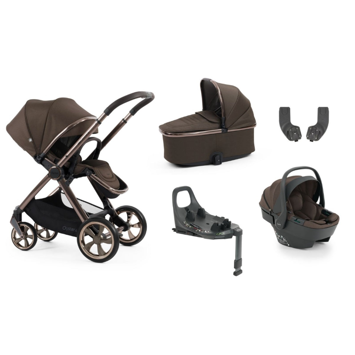 Oyster 4 chocolate velvet travel system with brown and black stroller, metallic frame, carrycot, car seat, and rotating ISOFIX base