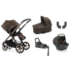 Oyster 4 chocolate velvet travel system with brown and black stroller, metallic frame, carrycot, car seat, and rotating ISOFIX base