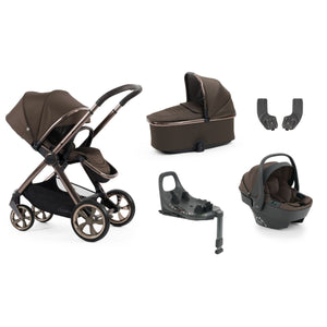 Oyster 4 chocolate velvet travel system with brown and black stroller, metallic frame, carrycot, car seat, and rotating ISOFIX base