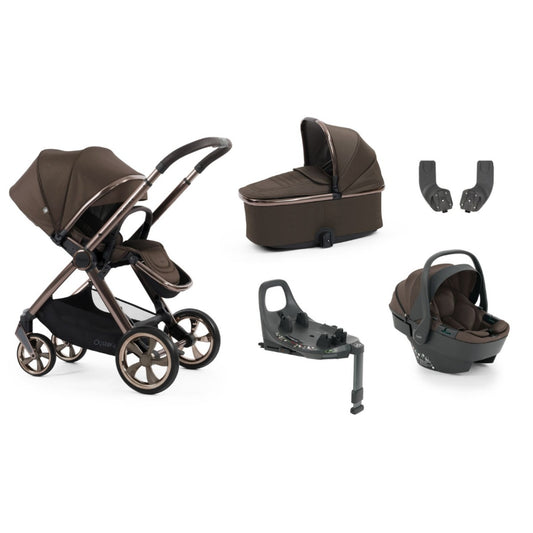 Oyster 4 chocolate velvet travel system with brown and black stroller, metallic frame, carrycot, car seat, and rotating ISOFIX base
