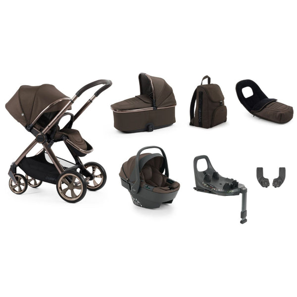 Brown and black ollie and co oyster 4 chocolate velvet luxury travel system with capsule 360 car seat and rotating isofix base