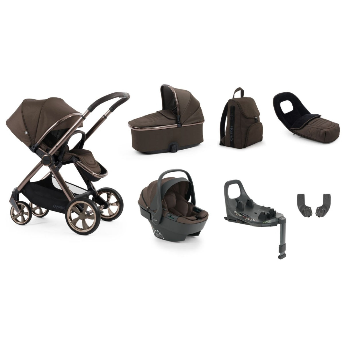 Brown and black ollie and co oyster 4 chocolate velvet luxury travel system with capsule 360 car seat and rotating isofix base