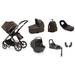 Brown and black ollie and co oyster 4 chocolate velvet luxury travel system with capsule 360 car seat and rotating isofix base