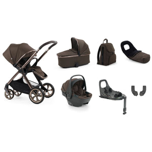Brown and black ollie and co oyster 4 chocolate velvet luxury travel system with capsule 360 car seat and rotating isofix base