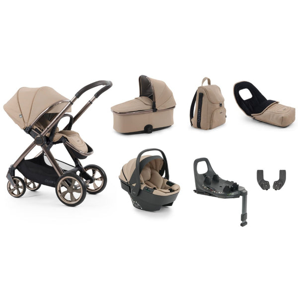 Beige and black oxelo stroller system with matching carrycot car seat and accessories oyster 4 fawn luxury travel kit