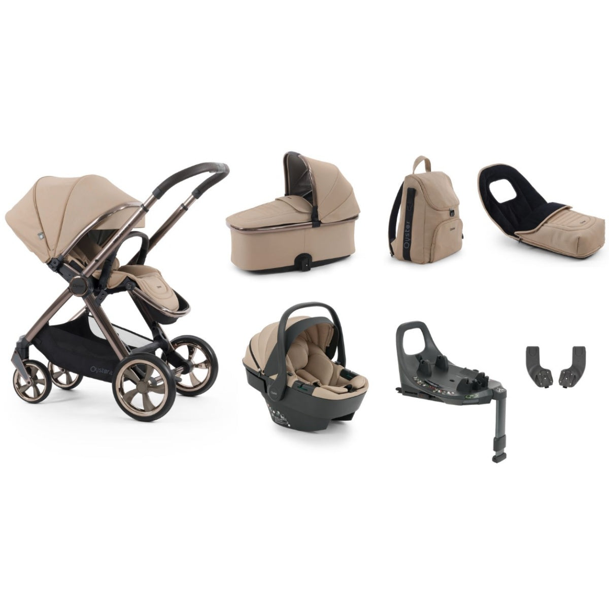 Beige and black oyster 4 fawn ultimate travel system with carrycot capsule 360 car seat and rotating isofix base