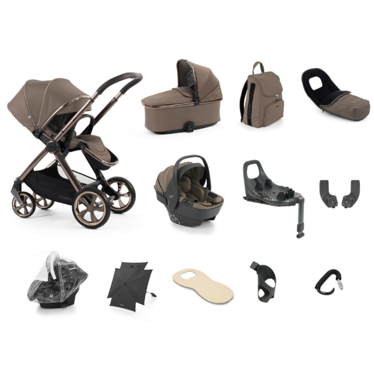 Brown and black convertible stroller with sleek modern design in oyster 4 mink ultimate travel system with capsule seat