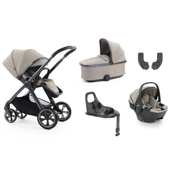 Beige and black quinny zapp 3-in-1 stroller system with matching carrycot, car seat base, and infant carrier oyster 4 stone essentials travel system