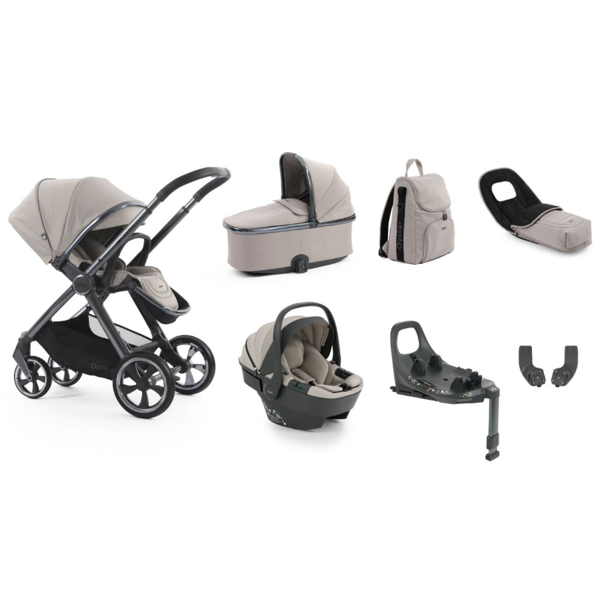 Beige and black convertible stroller system with sleek modern design from oyster 4 stone luxury travel system