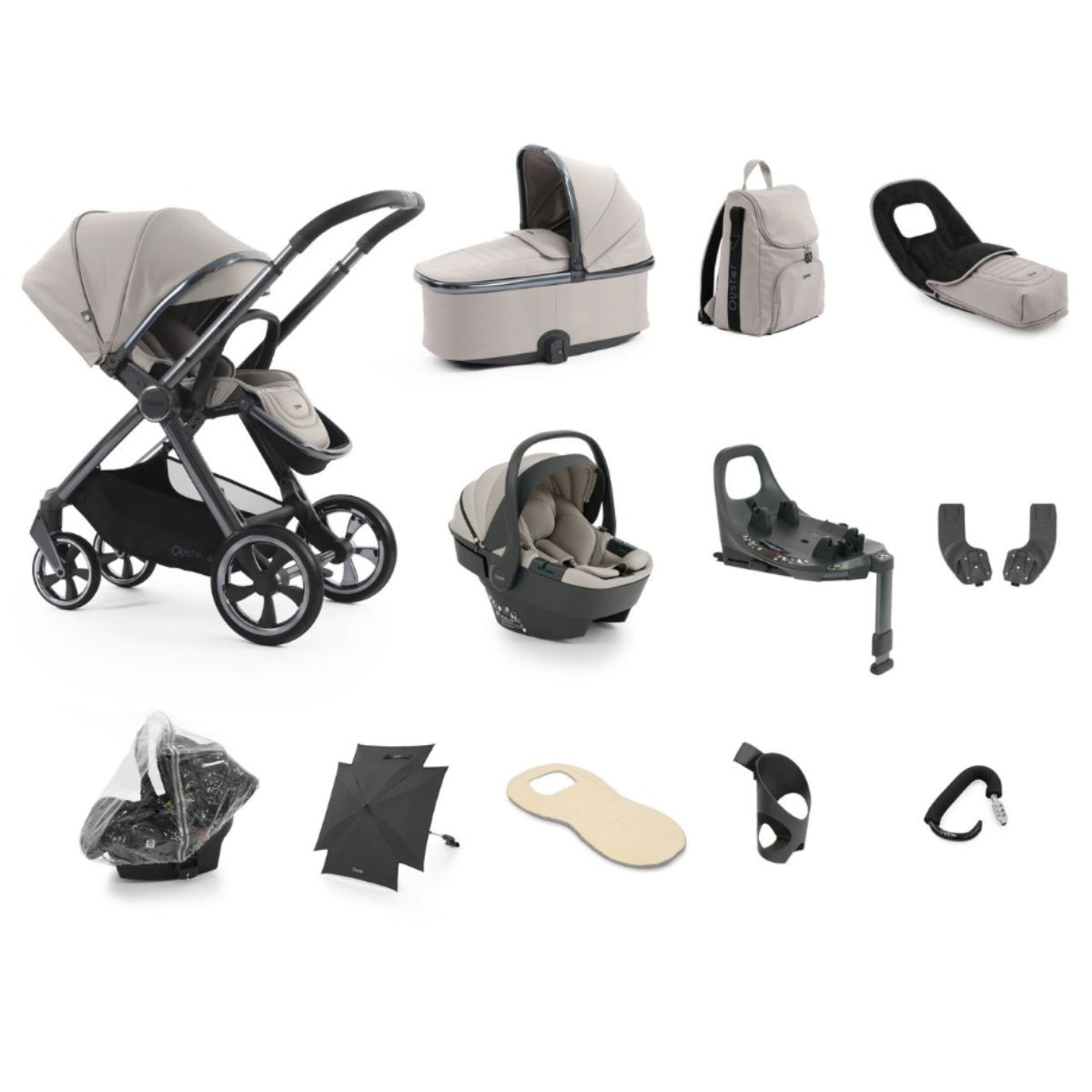 Beige and black oyster 4 stone baby stroller with sleek modern design and rotating isofix base for ultimate travel system