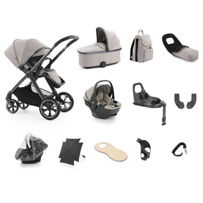 Beige and black oyster 4 stone baby stroller with sleek modern design and rotating isofix base for ultimate travel system