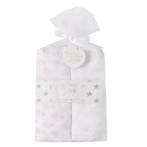 Twin Pack of Muslins - Elephants & Hearts  My Store   