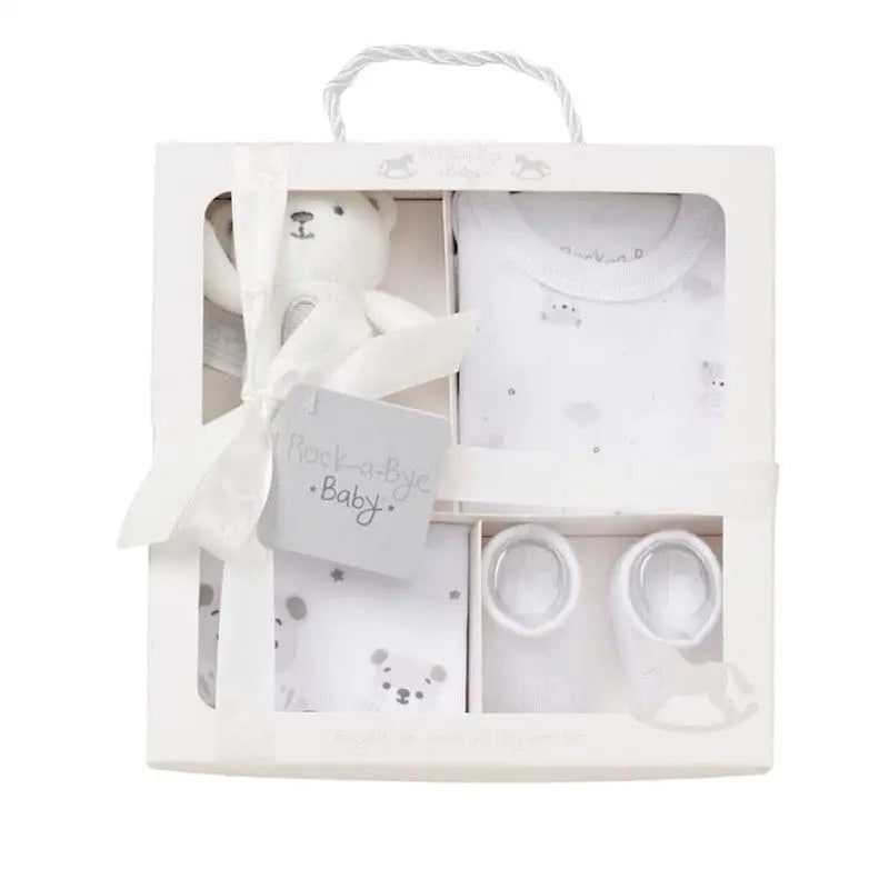 Unisex Baby 4 piece Teddy Box Gift Set rock a bye baby