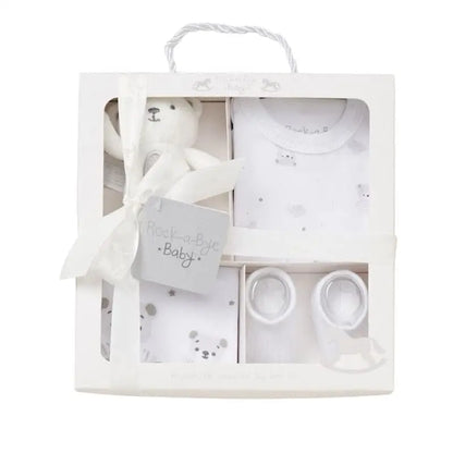 Unisex Baby 4 piece Teddy Box Gift Set rock a bye baby