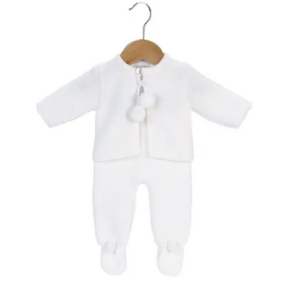 Unisex Baby Dandelion Clothing knitted pom set in white General Dandelion Baby Wear   