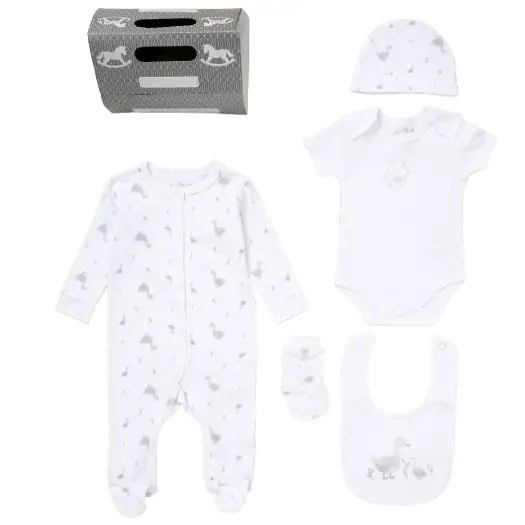 Unisex Baby Duck 5 Piece Layette Set – White & Grey