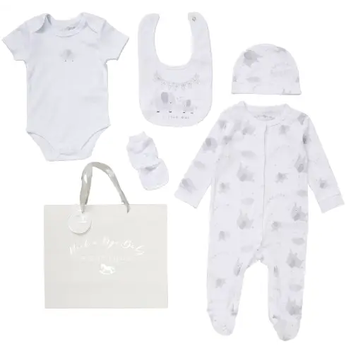 Unisex Baby “Little One Elephant” 5 Piece Layette Set – White & Grey
