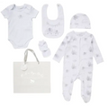 Unisex Baby “Little One Elephant” 5 Piece Layette Set – White & Grey