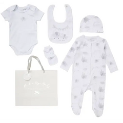 Unisex Baby “Little One Elephant” 5 Piece Layette Set – White & Grey