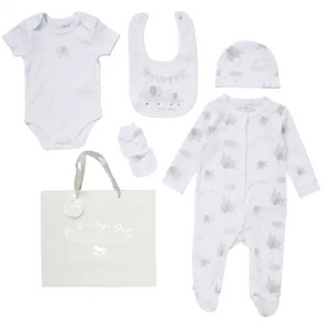 Unisex Baby “Little One Elephant” 5 Piece Layette Set – White & Grey