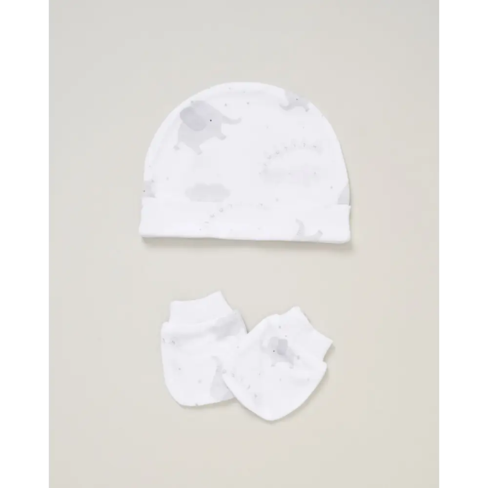Unisex Baby “Little One Elephant” 5 Piece Layette Set – White & Grey