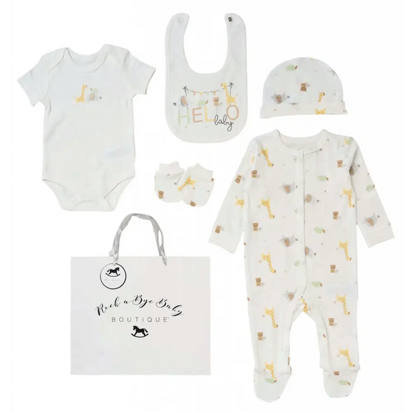 Unisex ’Hello Baby Safari’ 5 Piece Layette Set
