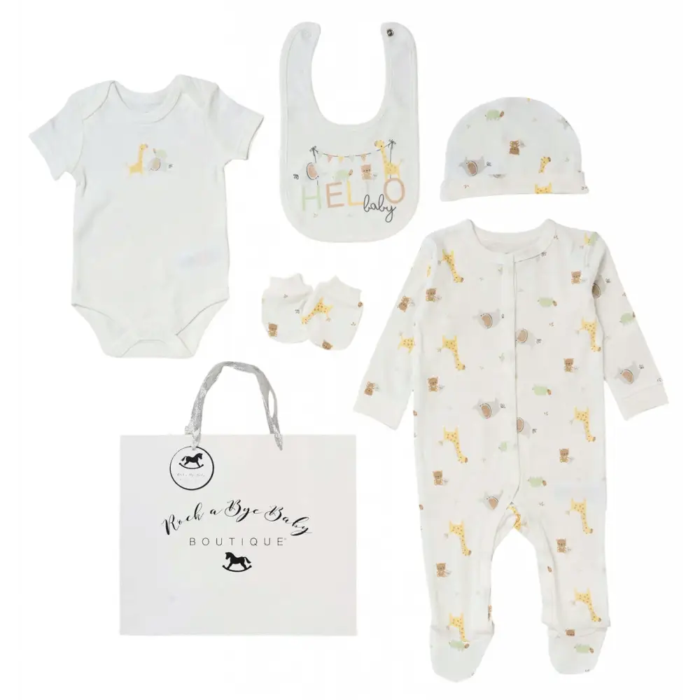 Unisex ’Hello Baby Safari’ 5 Piece Layette Set