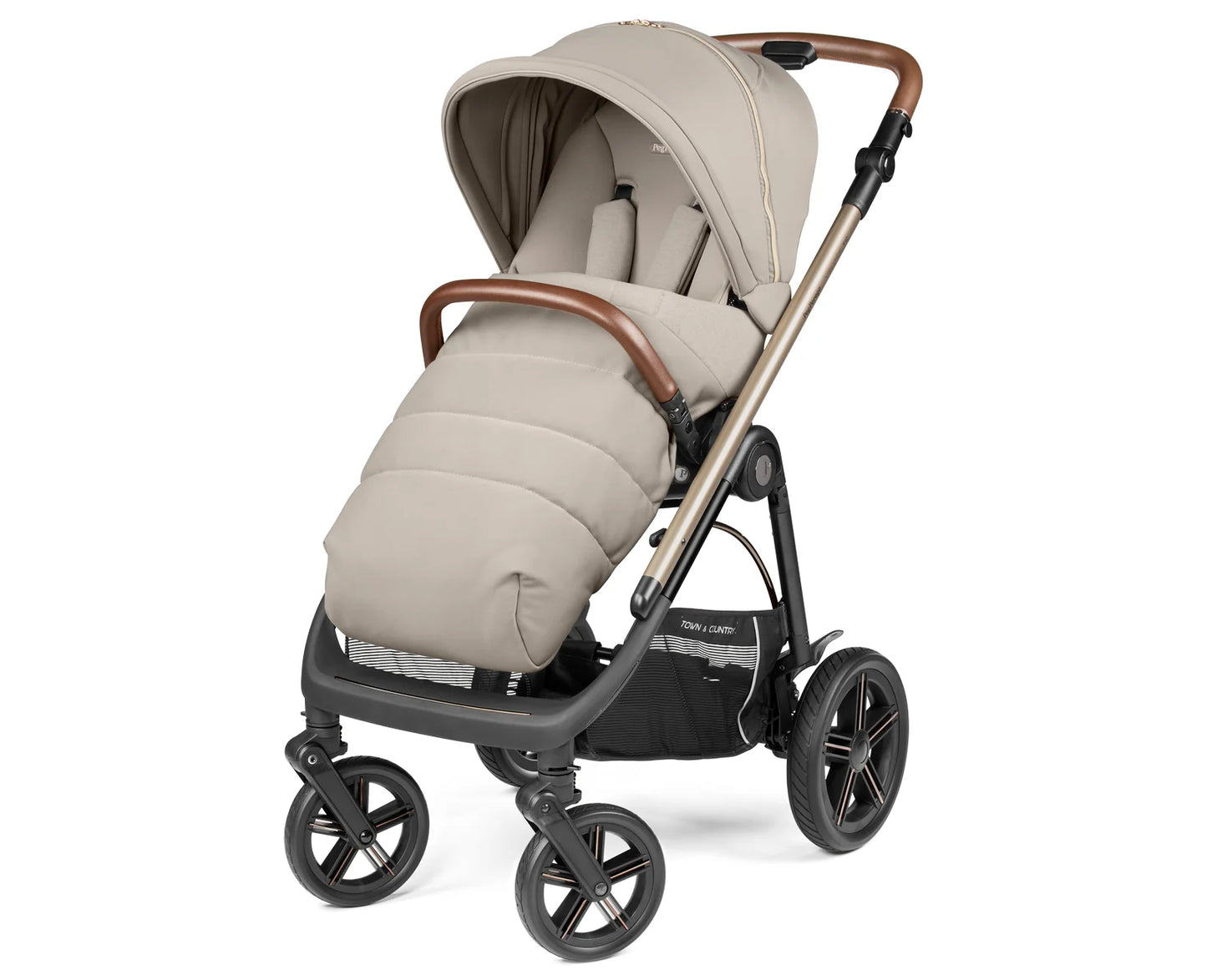 Beige and black peg perego veloce elite stroller with rose gold accents in town country travel system bundle astral