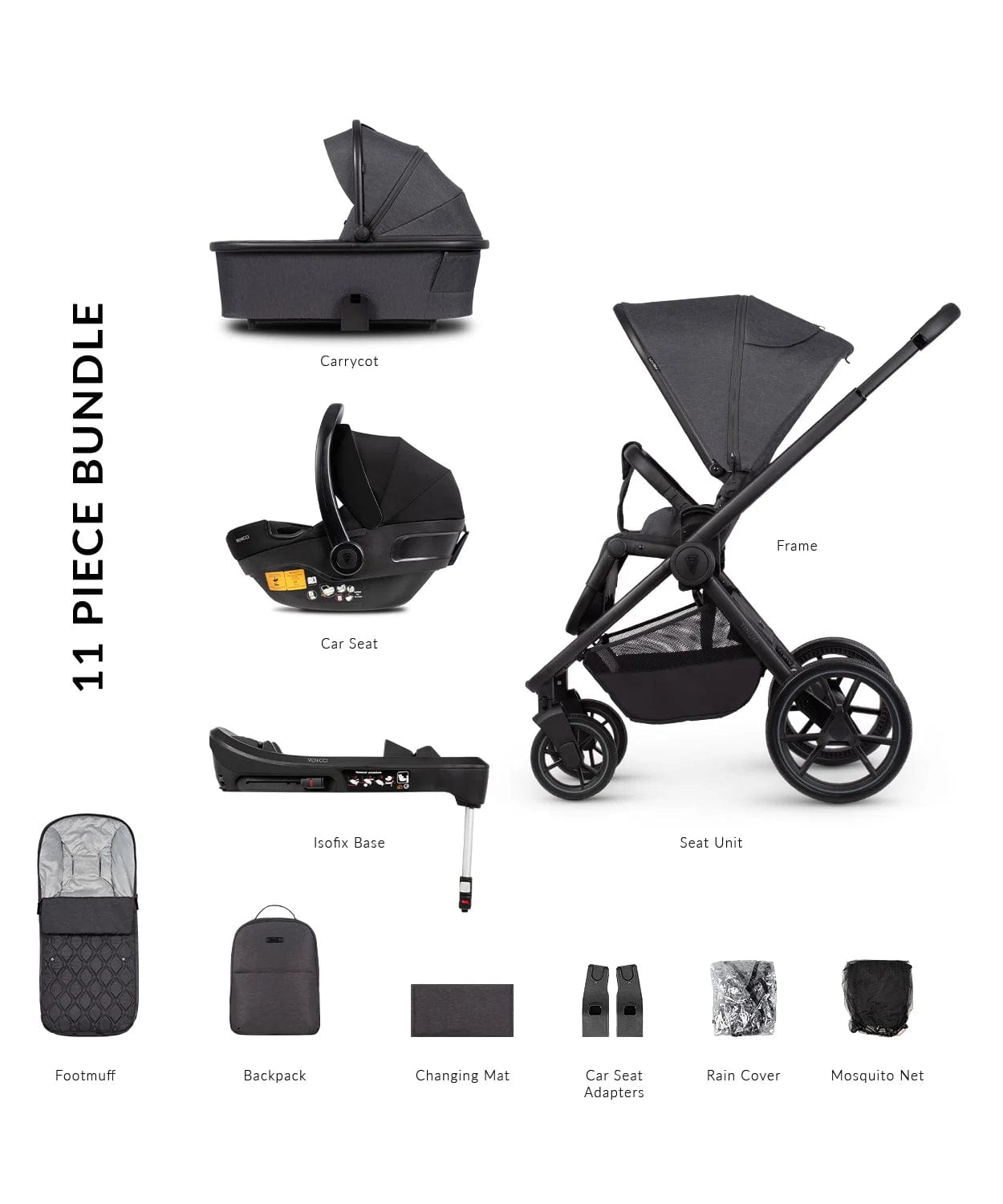 Venicci Tinum Edge 3 in 1 Travel System Plus Isofix Base - Charcoal  Venicci   