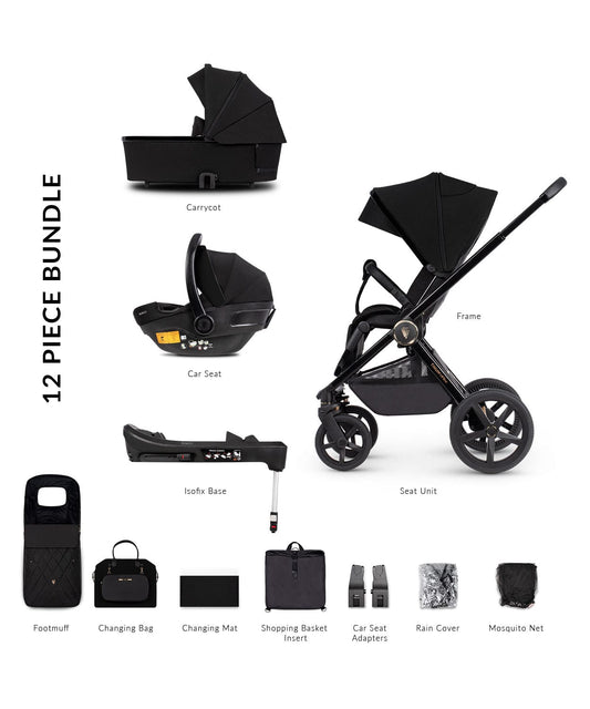 Venicci Tinum Upline All Black Pram 3 in 1 Bundle + Isofix Base  Venicci   