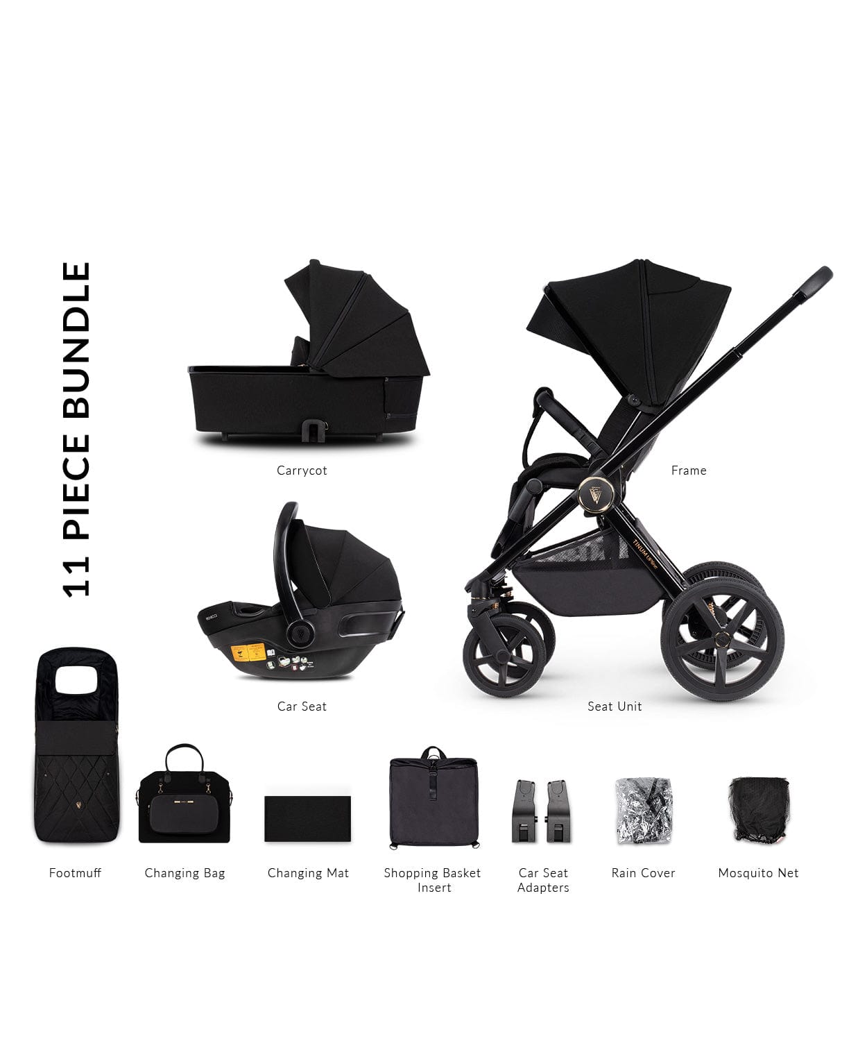 Venicci Tinum Upline All Black Pram 3 in 1 Bundle  Venicci   