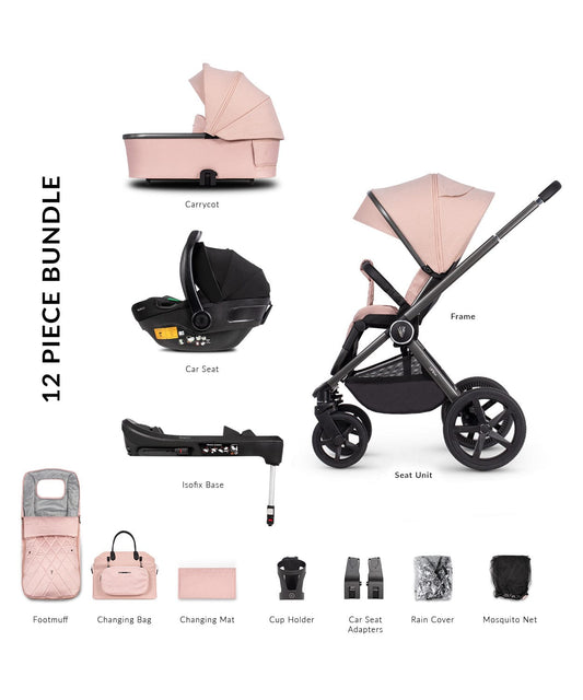 Venicci Tinum Upline Misty Rose Pram 3 in 1 Bundle + Isofix Base  Venicci   