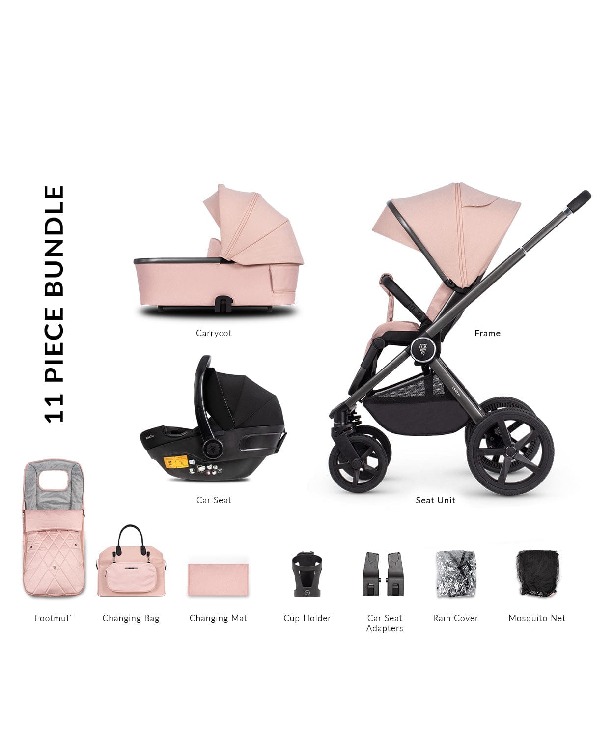 Venicci Tinum Upline Misty Rose Pram 3 in 1 Bundle  Venicci   