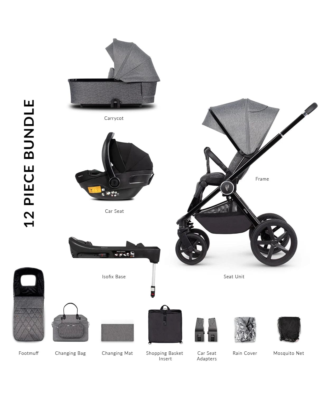 Venicci Tinum Upline Slate Grey Pram 3 in 1 Bundle + Isofix Base  Venicci   