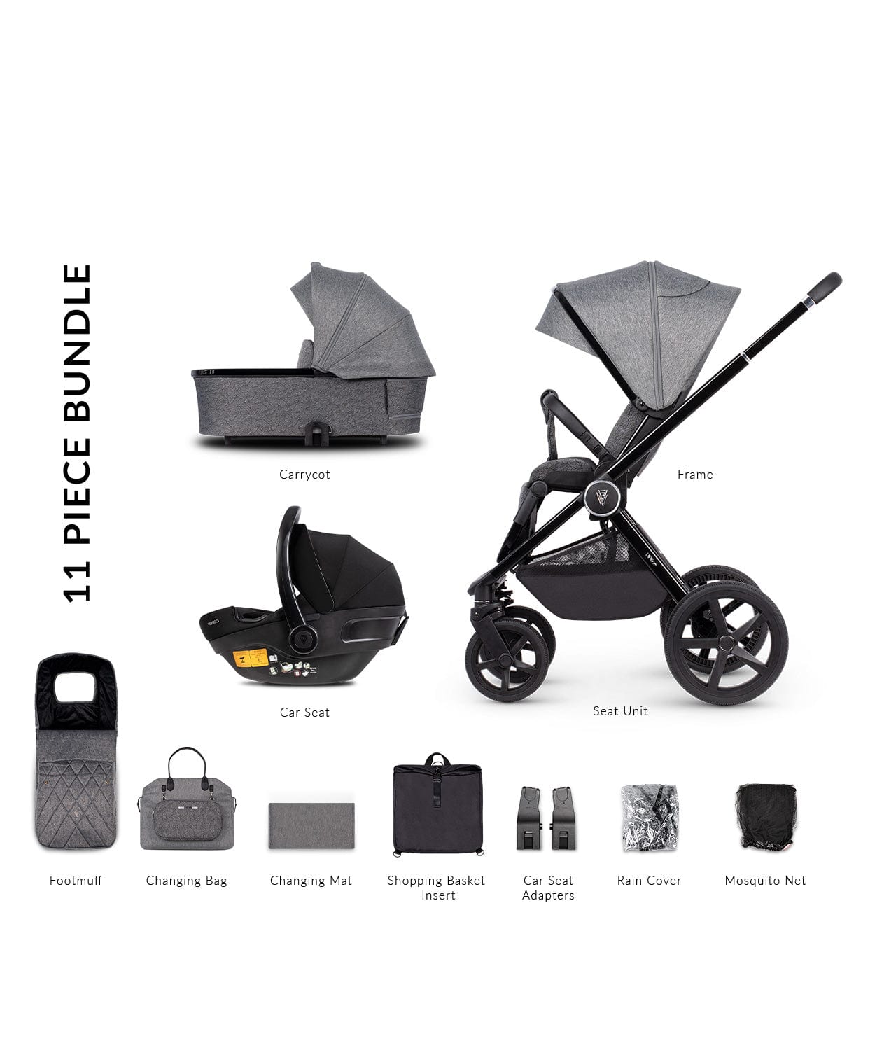 Venicci Tinum Upline Slate Grey Pram 3 in 1 Bundle  Venicci   