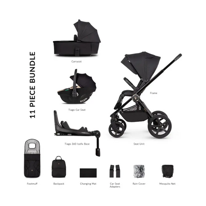 Venicci Upline 2 All Black Pram 3 in 1 + 360 Tiago Beige Isofix Bundle Venicci