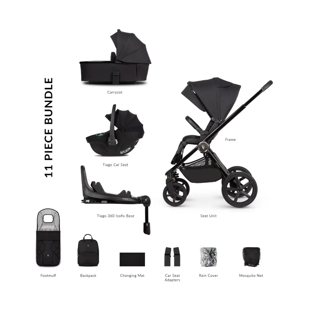 Venicci Upline 2 All Black Pram 3 in 1 + 360 Tiago Black Isofix Bundle Venicci