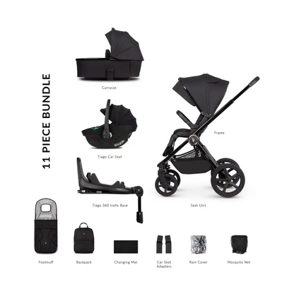 Venicci Upline 2 All Black Pram 3 in 1 + 360 Tiago Black Isofix Bundle Venicci