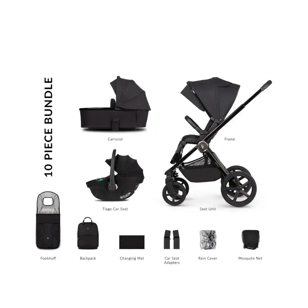 Venicci Upline 2 All Black Pram 3 in 1 + Tiago Black Car Seat Venicci