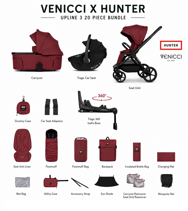 Venicci x Hunter Upline 3 Red 4-in-1 Travel System with Rotating Isofix Base