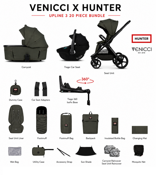 Venicci x Hunter Upline 3 Dark Olive 4-in-1 Travel System with Rotating Isofix Base