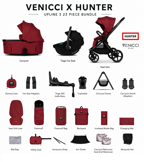Venicci x Hunter Upline 3 Red 4-in-1 Plus Travel System with ISOFIX Base & Home Stand