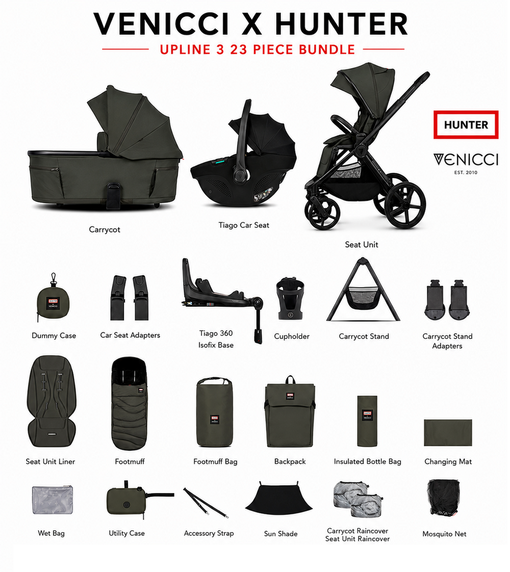Venicci x Hunter Upline 3 Dark Olive 4-in-1 Plus Travel System with ISOFIX Base & Home Stand