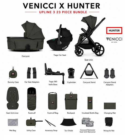 Venicci x Hunter Upline 3 Dark Olive 4-in-1 Plus Travel System with ISOFIX Base & Home Stand
